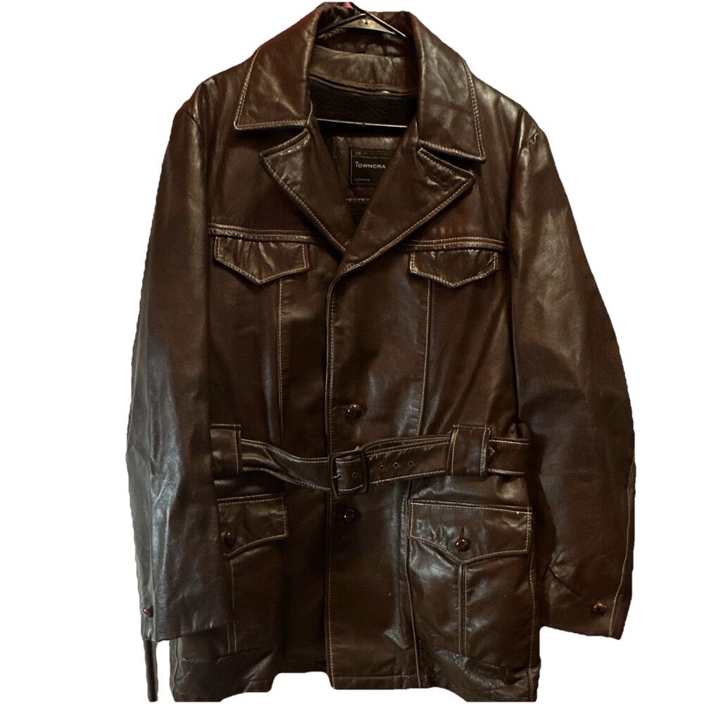 Vintage Towncraft JCPenney Brown Leather Belted Ranch Coat Mens 46 Long